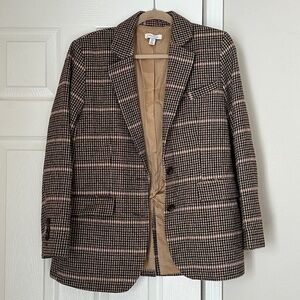 Topshop Plaid Blazer Brown Cream Check Academia Wool Blend Size 4 Structured